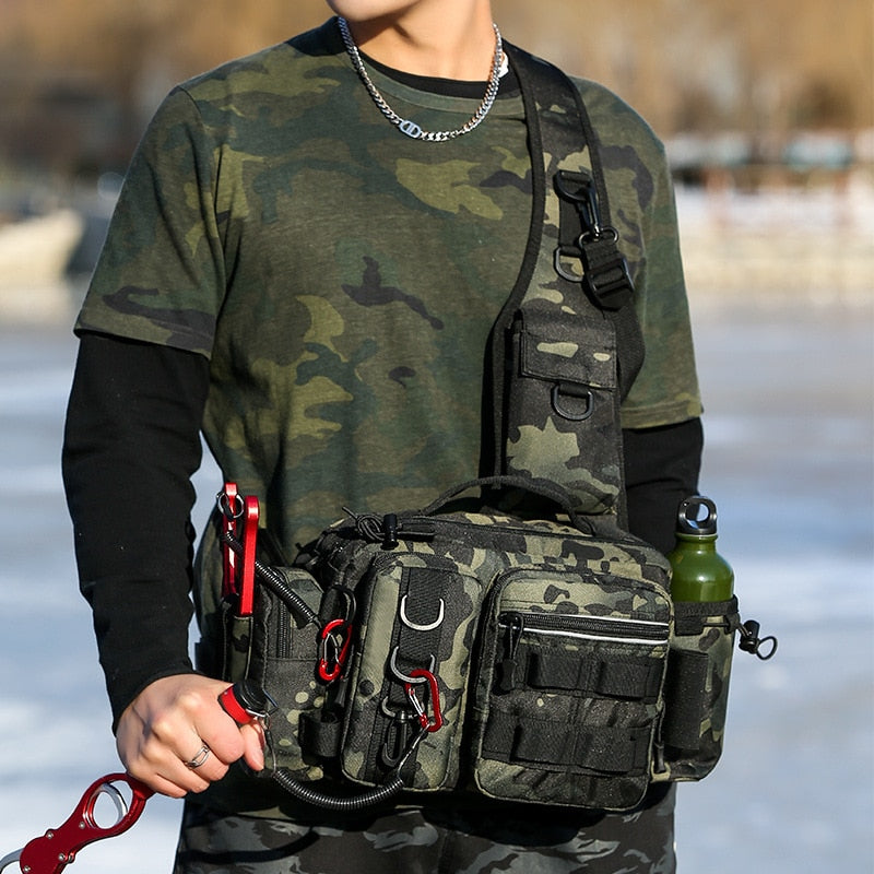 Men Fishing Tackle Bag Single Shoulder Crossbody Tactical Bags Waist Pack Fish Lures Gear Utility Storage Fishing Box Chest Bag Mister Fisher