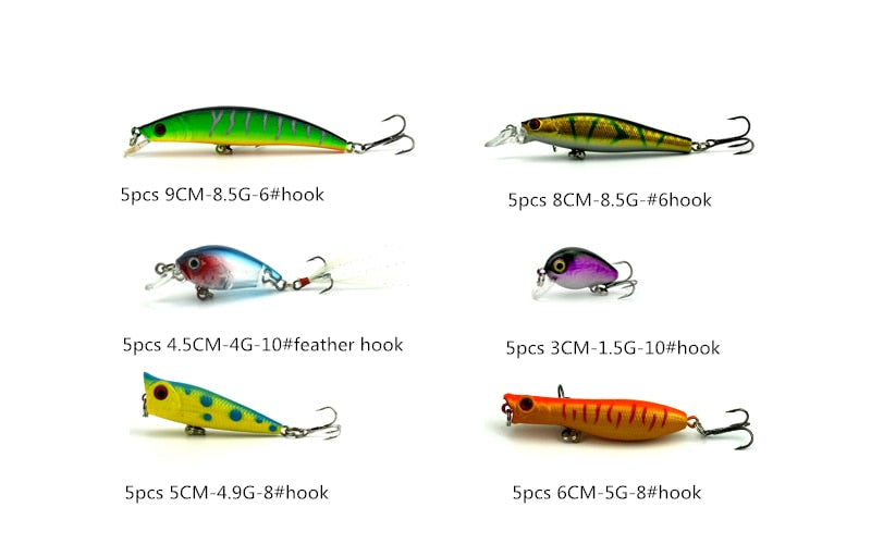 Hot 2016 30pcs/lot fishing lure Mixed 6 models fishing tackle 30 colors Minnow lure Crank Lures Popper Mix fishing bait Mister Fisher