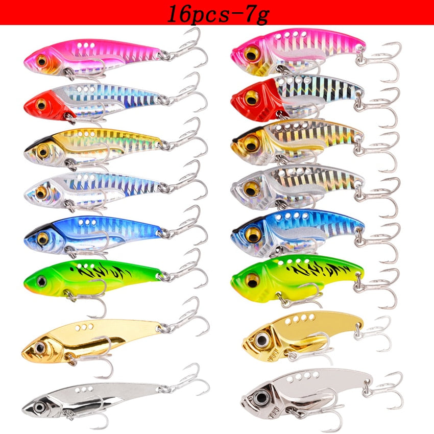 16 Pcs Metal VIB 7g-10g-15g Fishing Lure Set Vibration Spoon Spinner Lures Crankbait Bass Artificial Hard Bait Blade VIB Tackle Mister Fisher