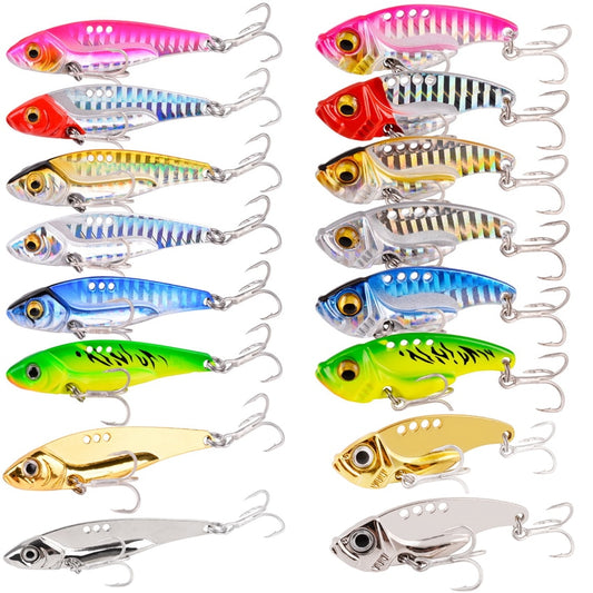16 Pcs Metal VIB 7g-10g-15g Fishing Lure Set Vibration Spoon Spinner Lures Crankbait Bass Artificial Hard Bait Blade VIB Tackle Mister Fisher