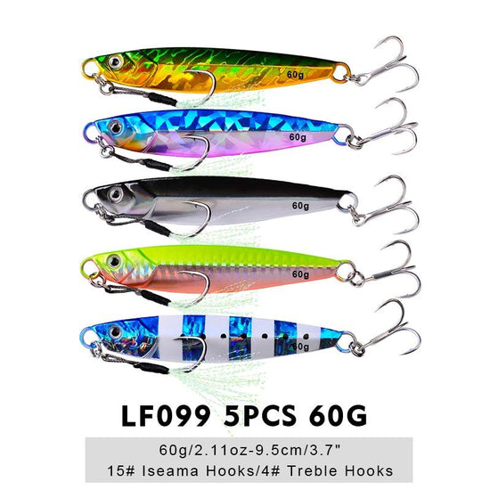 Leurres Jig en métal avec plume - 5 pièces (de 7 g à 60 g)